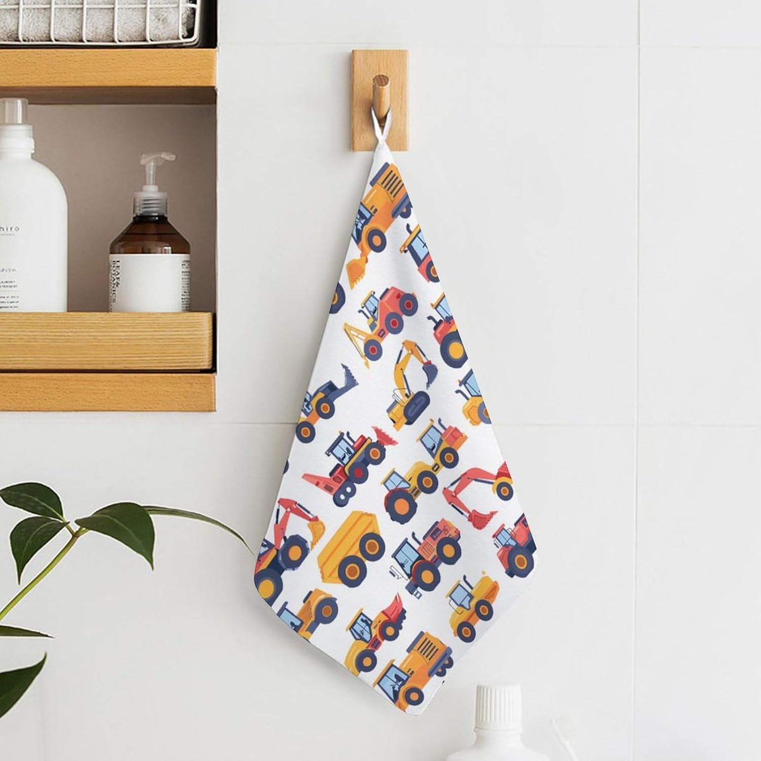 Construction Vehicles Pattern Hand Towels for Bathroom Kitchen Towels Small Towel Handkerchiefs with Hanging Loop 4PCS