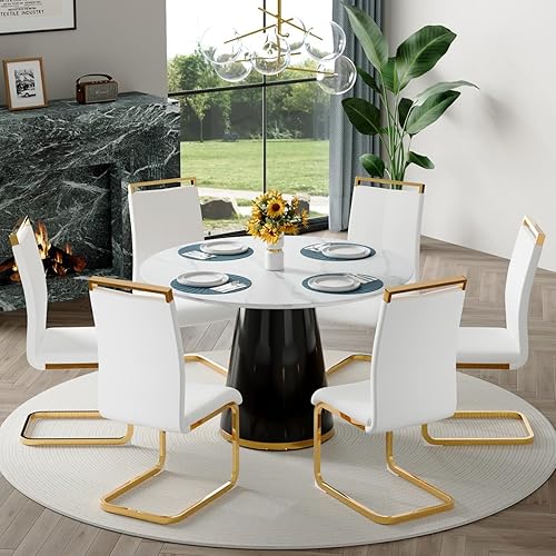 Round Dining Table Set for 6, 45'' Modern Wooden Dining Table with Cushioned Chairs, Faux Marble Round Tables and Chair Set for Kitchen