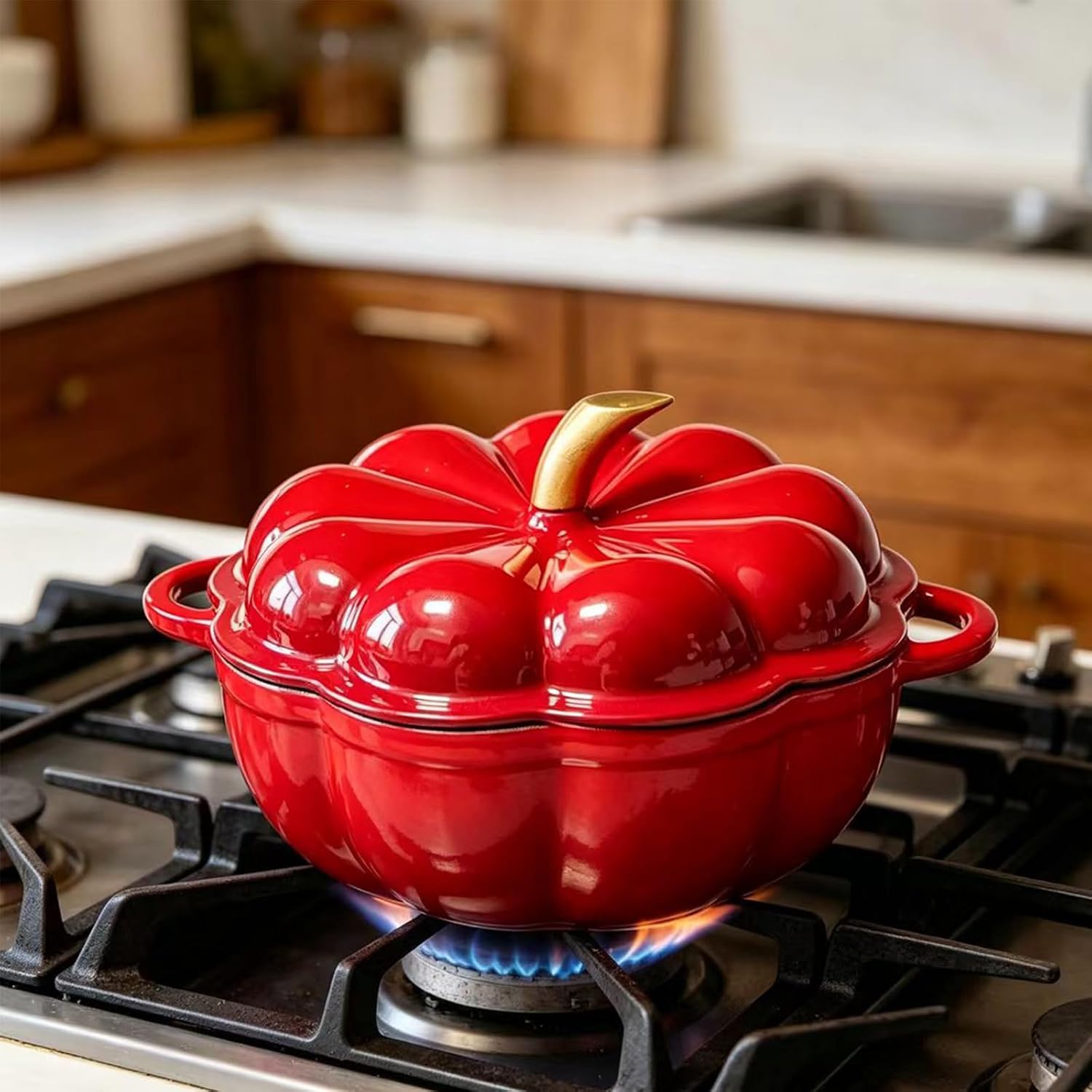 4L Pumpkin-Shaped Enameled Cast Iron Casserole, Non-Stick Pumpkin Pot with Lid & Double Handles, Soup Pot Compatible with Multiple Stove Tops for Halloween Kitchen and Home Gif (Red)