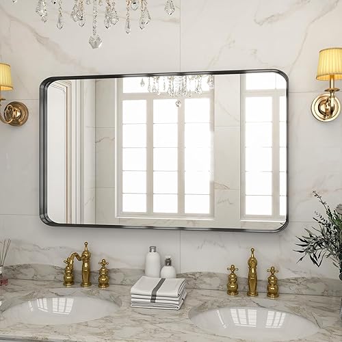 Miniatura 8 de VooBang - Espejo de baño de 30x48 pulgadas, espejo de marco profundo negro hermoso, espejo moderno de tocador de baño con esquinas redondeadas para