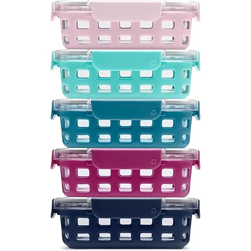 Ello Duraglass 3.4 Cup Meal Prep Sets 10Pc, 5 Pack Set- Glass Food Storage Container with Silicone Sleeve and Airtight BPA-Free Plastic Lids, Dishwasher, Microwave, and Freezer Safe, Evening Orchard