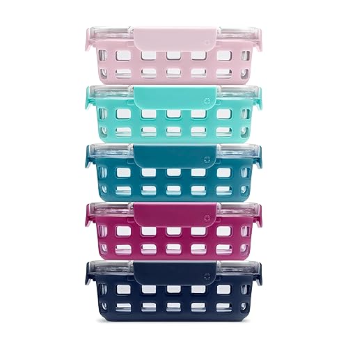 Ello Duraglass 3.4 Cup Meal Prep Sets 10Pc, 5 Pack Set- Glass Food Storage Container with Silicone Sleeve and Airtight BPA-Free Plastic Lids, Dishwasher, Microwave, and Freezer Safe, Evening Orchard - Evening Orchard - 3.4 Cup