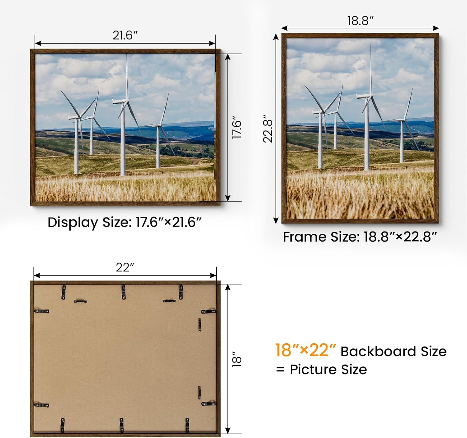 18x22 Picture Frame,18"x22" Solid Oak Wood Frames with Walnut Color Finished,22x18 Wooden Frames with Tempered Glass,18 by 22 Wall Gallery Poster Frame No Mat, Horizontal & Vertical Wall Mount