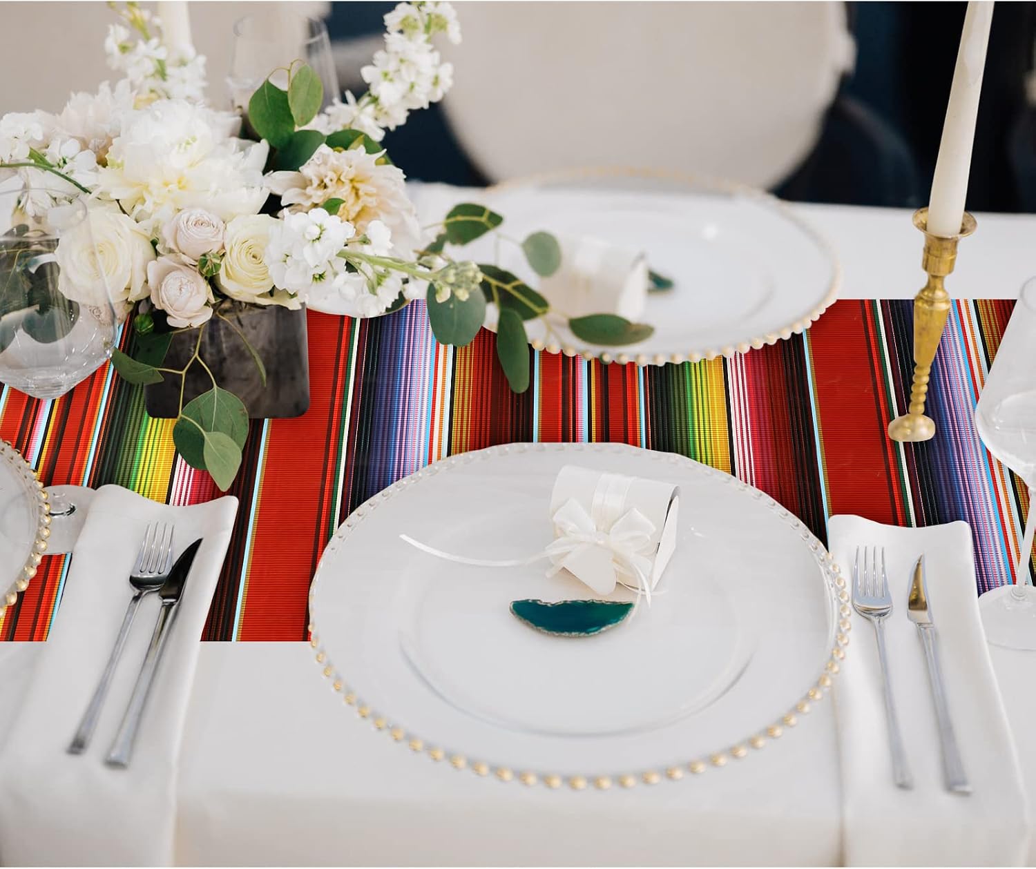 Oudain 4 Pcs Fiesta Plastic Tablecloth 108 x 54 Inch Mexican Disposable Waterproof Tablecloth Mexican Striped Table Cover for Taco Night Festive Fiesta Wedding (White)