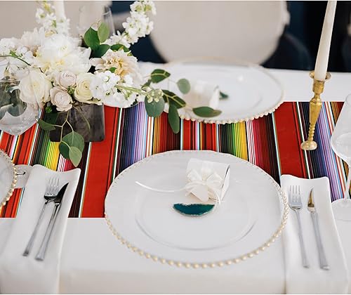 Miniatura 4 de Oudain Mantel de plástico de 4 piezas de 108 x 54 pulgadas, impermeable, a rayas mexicanas, para noche de tacos, festivales, bodas, color blanco