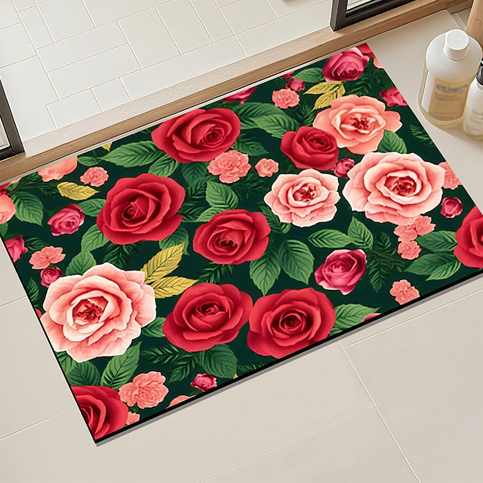Tapis 3D rouge avec motif floral tapis de sol absorbant séchage rapide small