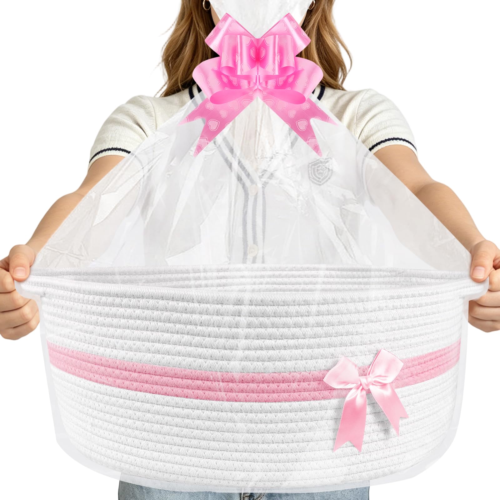 Lotvic 43x32x18cm Large Gift Basket, Hamper Kit, Empty Hamper Basket with Cellophane Bags and Pull Bows, Rope Gift Baskets with Handles, Woven Gift Baskets for Baby Shower, Wedding (White)