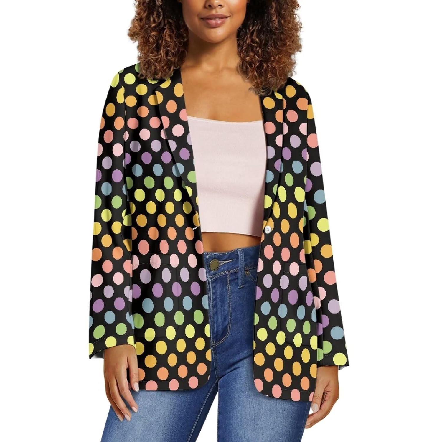 Polka Dot Print Womens Blazer Long Sleeve Blazer Jackets with Pockets Loose Fit Work Casual Dress Blazer