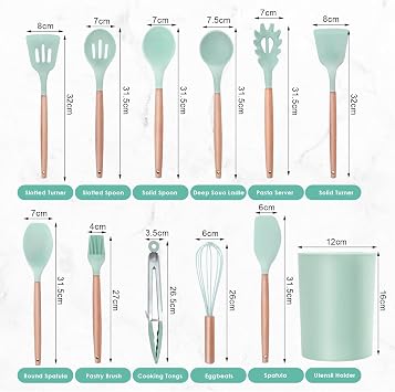 Kitchen Utensil Set 12 Pcs Silicone Cooking Utensils Set with Wooden Handles Non-Stick Heat Resistant Cooking Tools with Holder for Cooking Baking