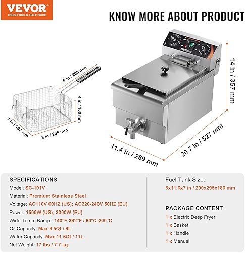 Miniatura 7 de VEVOR Freidora Profunda Comercial, Freidora Eléctrica de Encimera de 1500W con Cesta, Freidora de Acero Inoxidable de 11.6Qt  11L de Aceite Único