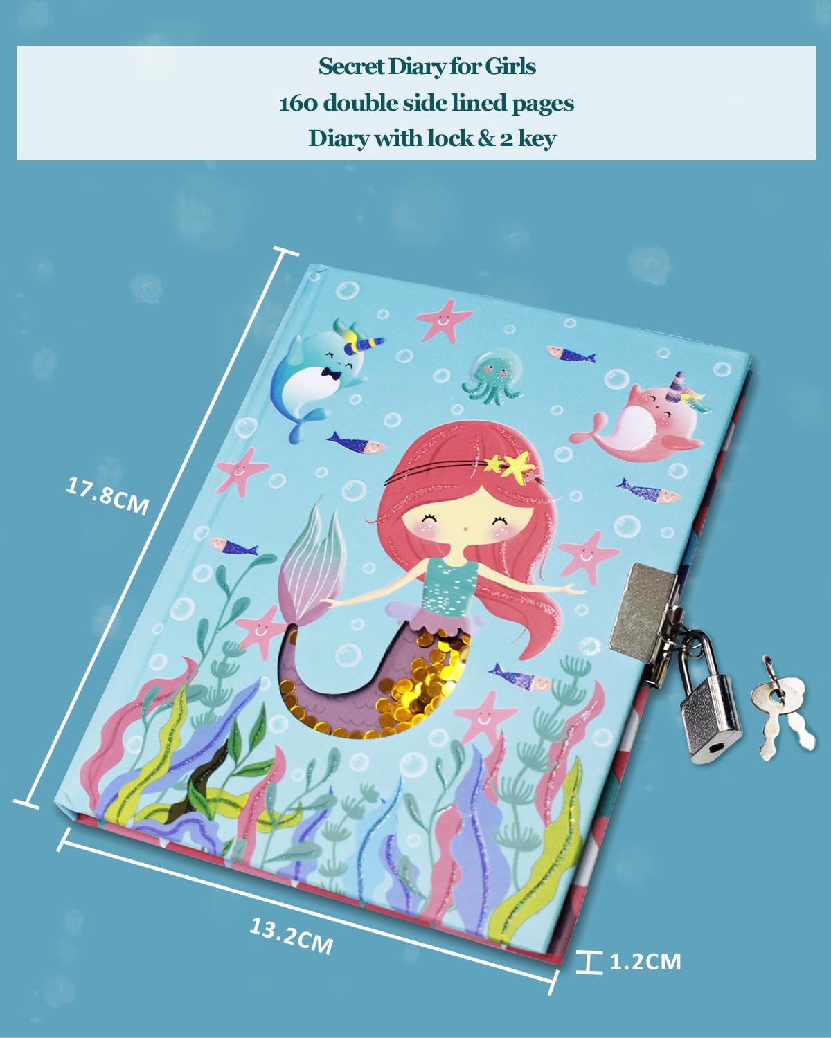 Diario Segreto Bambina con Lucchetto, 80 Fogli a Righe da 17,8 x 13,5 cm Paillettes Shakable Quaderno per bambino per la Scrittura Scolastica Sirena Regalo per Ragazze di età 6 7 8 9 10 11 12 Anni