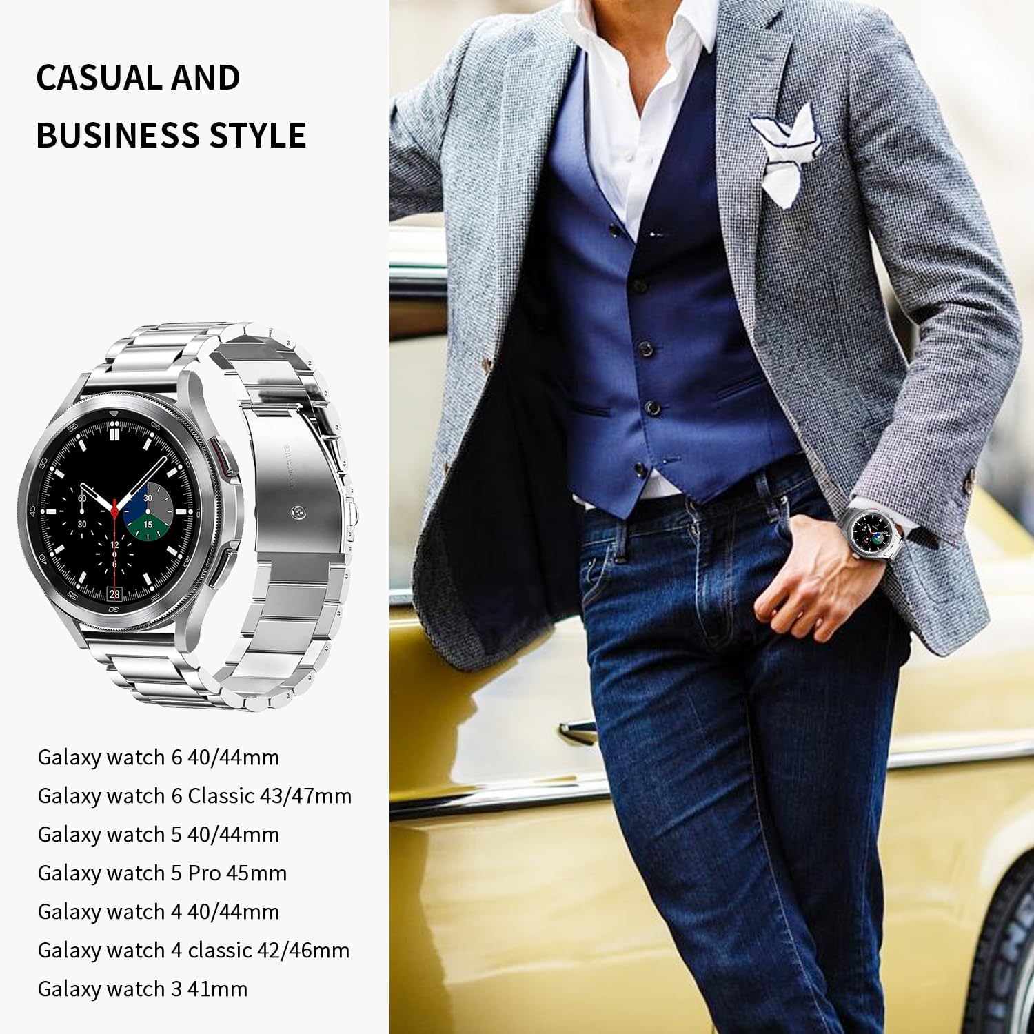 Kompatybilny z zegarkiem Samsung Galaxy Watch 7, 6, 5, 4, FE Band Pro Classic Active 2, 40 mm, 44 mm, 43 mm, 47 mm, 45 mm, 42 mm, 46 mm, 20 mm, 3, 41 mm, męski, damski, metalowy, elegancki, biznesowy