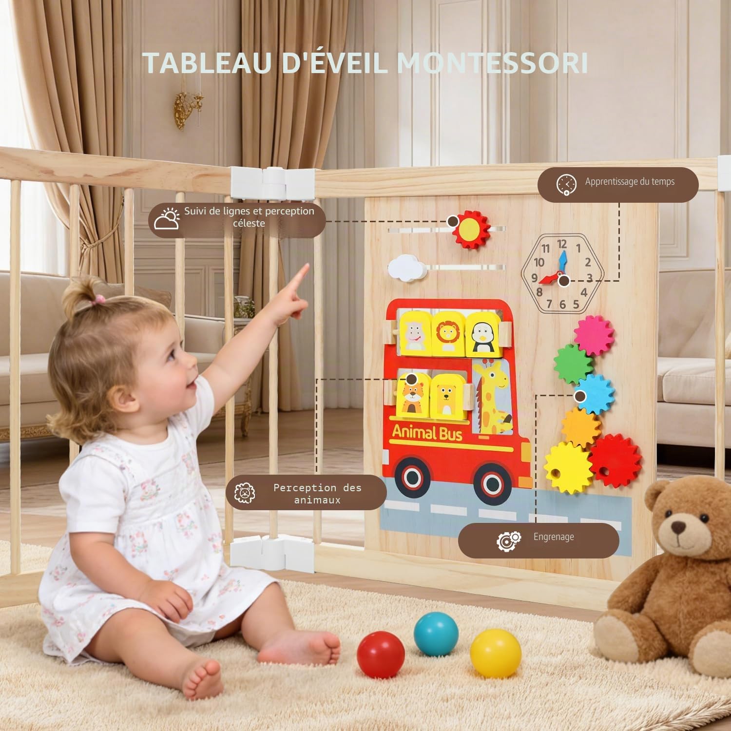 Parc Bébé Bois, Grand Parc Bebe Pliable avec Porte, Déformable Parc pour Enfants, Portable, Réglable Taille&Forme, Tableau Noir, Montessori Plateau de Jeu, Sûr Centre d'Activités pour Enfants