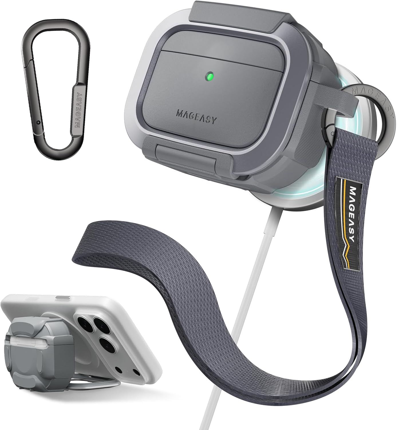 MAGEASY Axiz AirPods Pro 3 Case Cover with Lock & Phone Stand, Keychain Carabiner + Wristlet Strap, MagSafe Aviation-Grade Aluminum Security Lock, Rugged Shockproof Protective Shell (Metal Blue Grey)