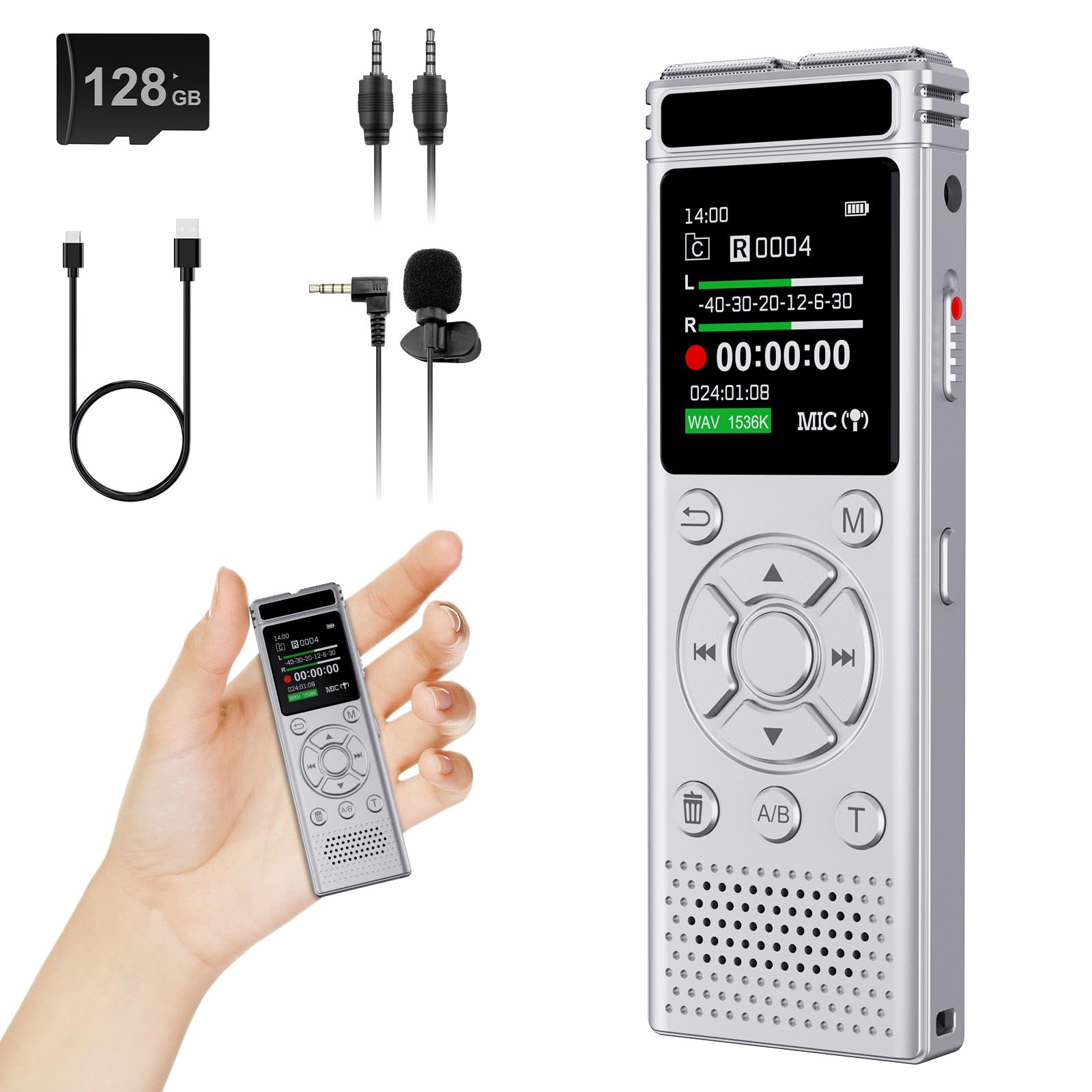 Registratore vocale digitale da 136 GB con riproduzione, dispositivo di registrazione audio 9000 ore, registratore vocale attivato con riduzione del rumore, ripetizione A-B, lettore MP3 e password per
