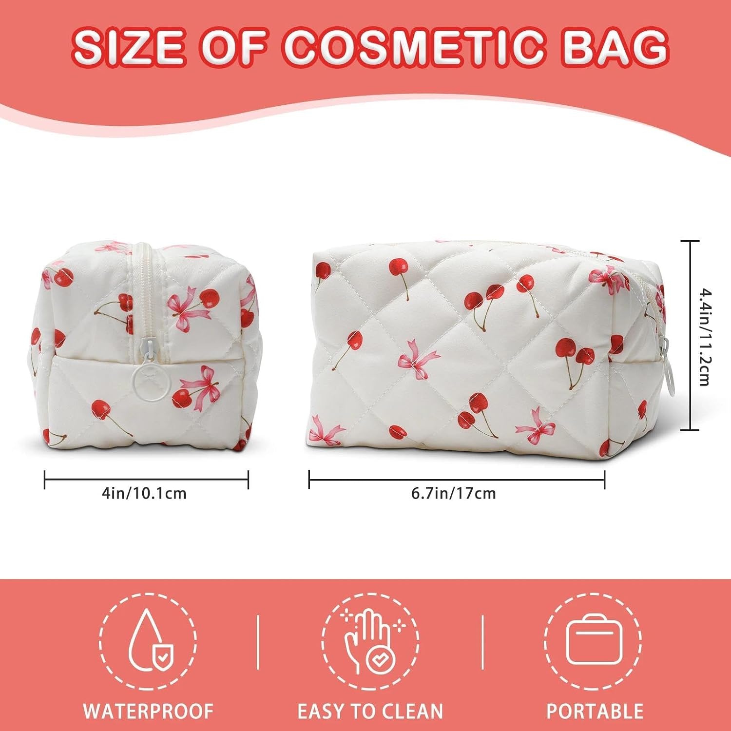 Quilted Makeup Bag, Cherry Bow Cotton Cosmetic Bag, Coquette Makeup Pouch for Women Girls, Aesthetic Organizer Bags Travel Toiletry Bags image 3