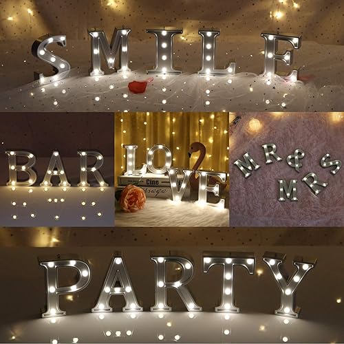 Miniatura 5 de Letras con luces LED de marquesina, letras iluminadas que funcionan con pilas, letras del alfabeto plateadas para luz nocturna, para el hogar,