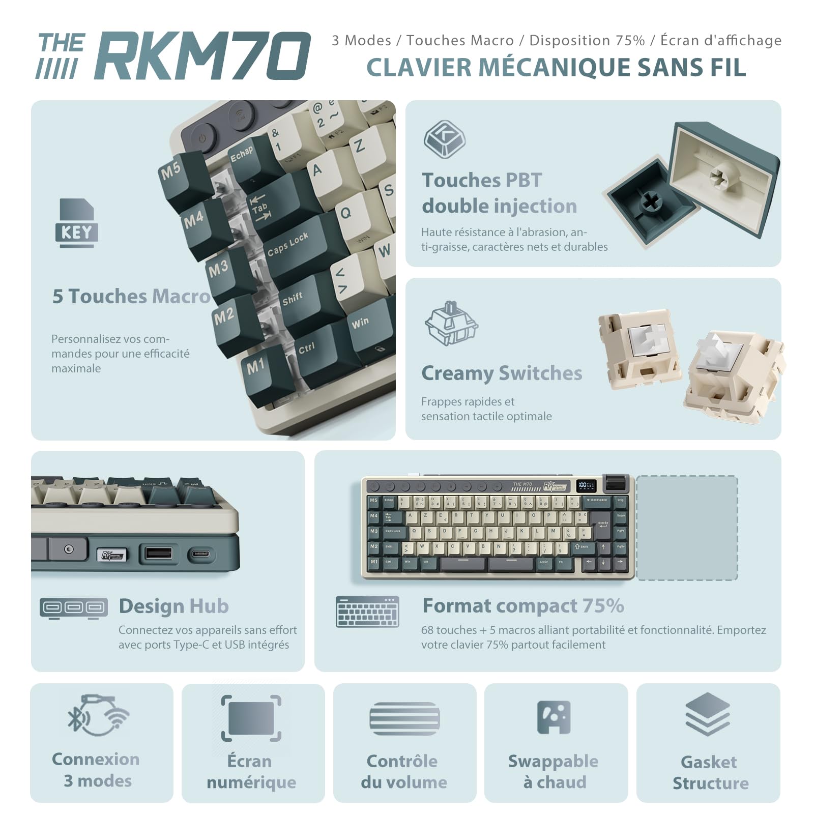 RK ROYAL KLUDGE M70 Clavier Mécanique 75% sans Fil - Triple Connexion, 5 Macros Programmables, Écran État, Molette Verticale, Switches Creamy Tactiles Hot-Swap, AZERTY Français, Batterie 6000mAh