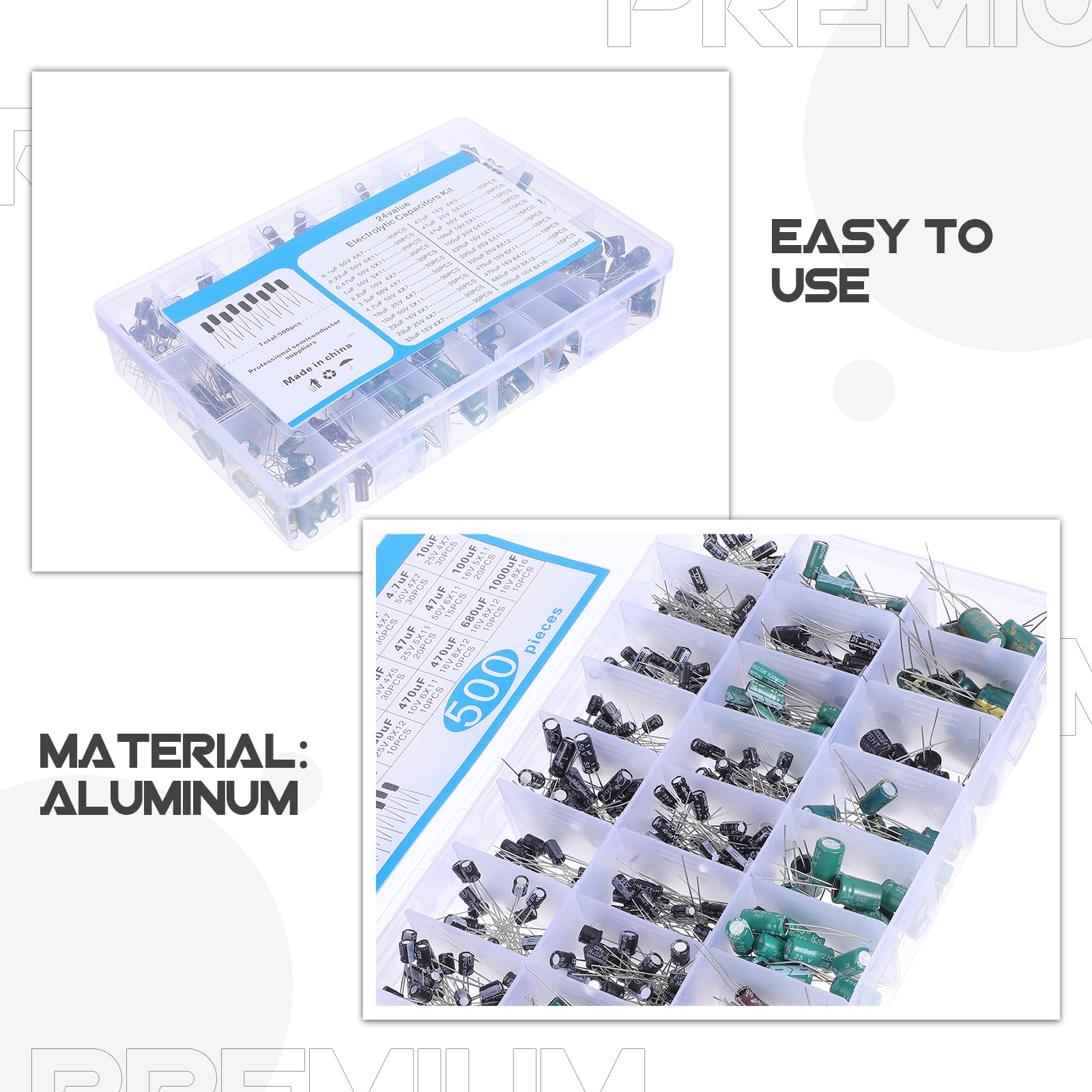 Toyvian Kit assortimento di condensatori in alluminio da 500 pezzi, condensatori elettrolitici da 0,1uF a 1000uF per monitor LCD, radio, stereo e sistemi di circuiti