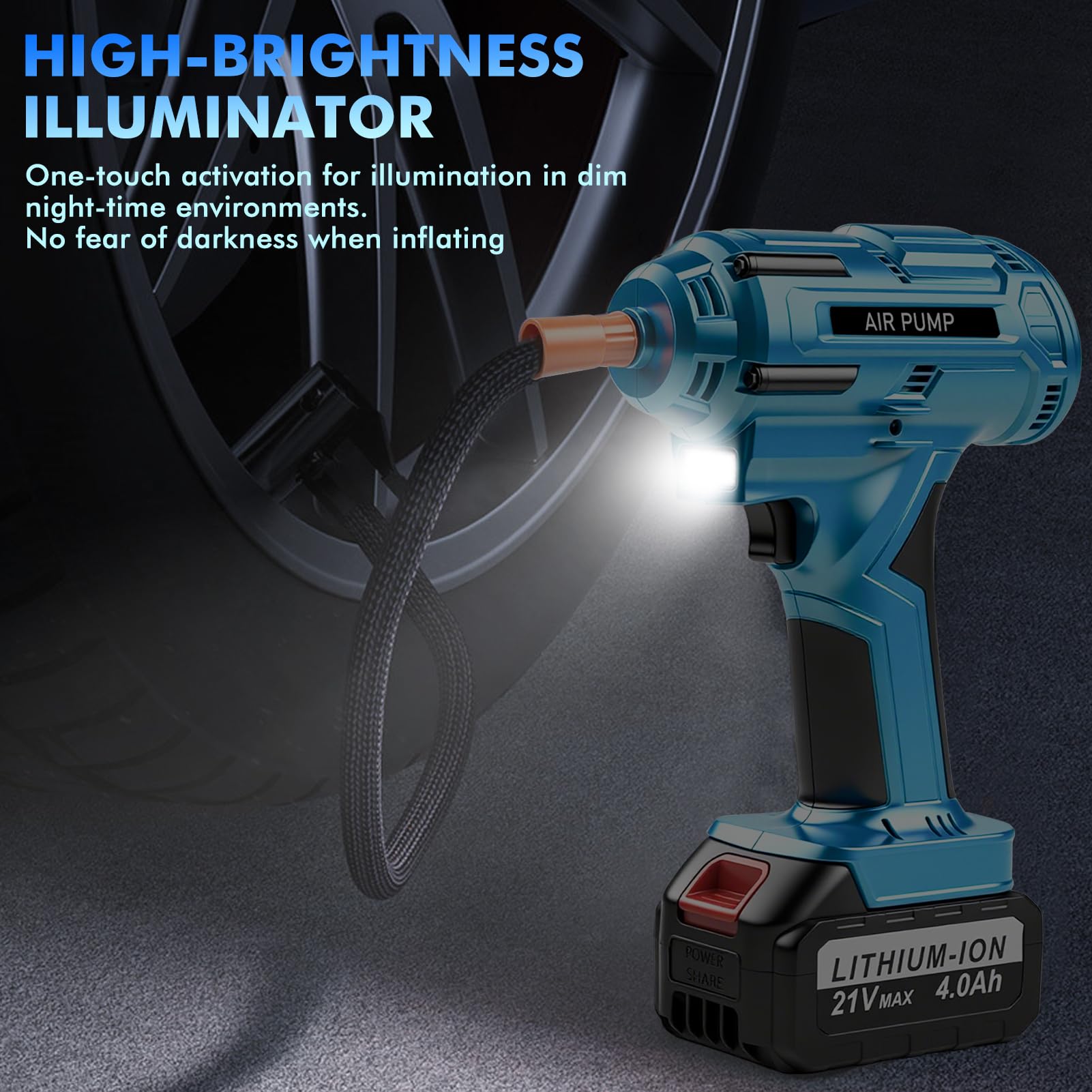 Compressore Portatile per Auto 150PSI, 800W Potente Compressore a Batteria 21V 4,0Ah, Valori Preimpostati, Luce LED & Display LED, per Auto Moto Biciclette Monopattini o Palloni