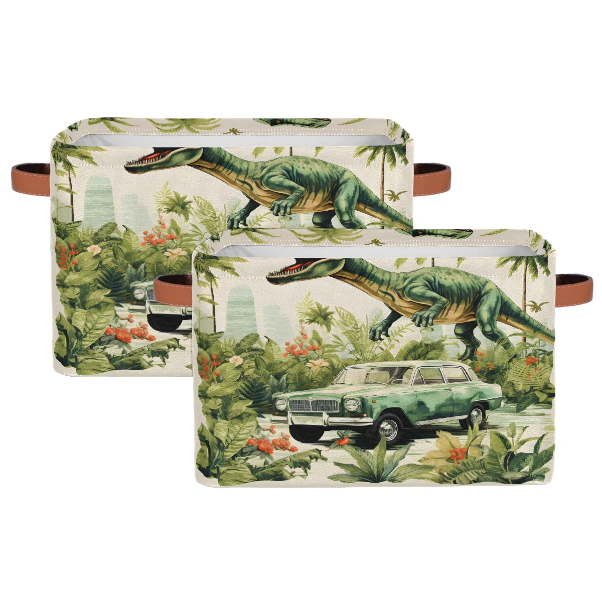 Mexpekil Cesta de almacenamiento de animales de dinosaurio, palmera, caja de almacenamiento de juguetes para niños, plegable, organizador de tela para estantes, cesta de regalo grande con asas, 2