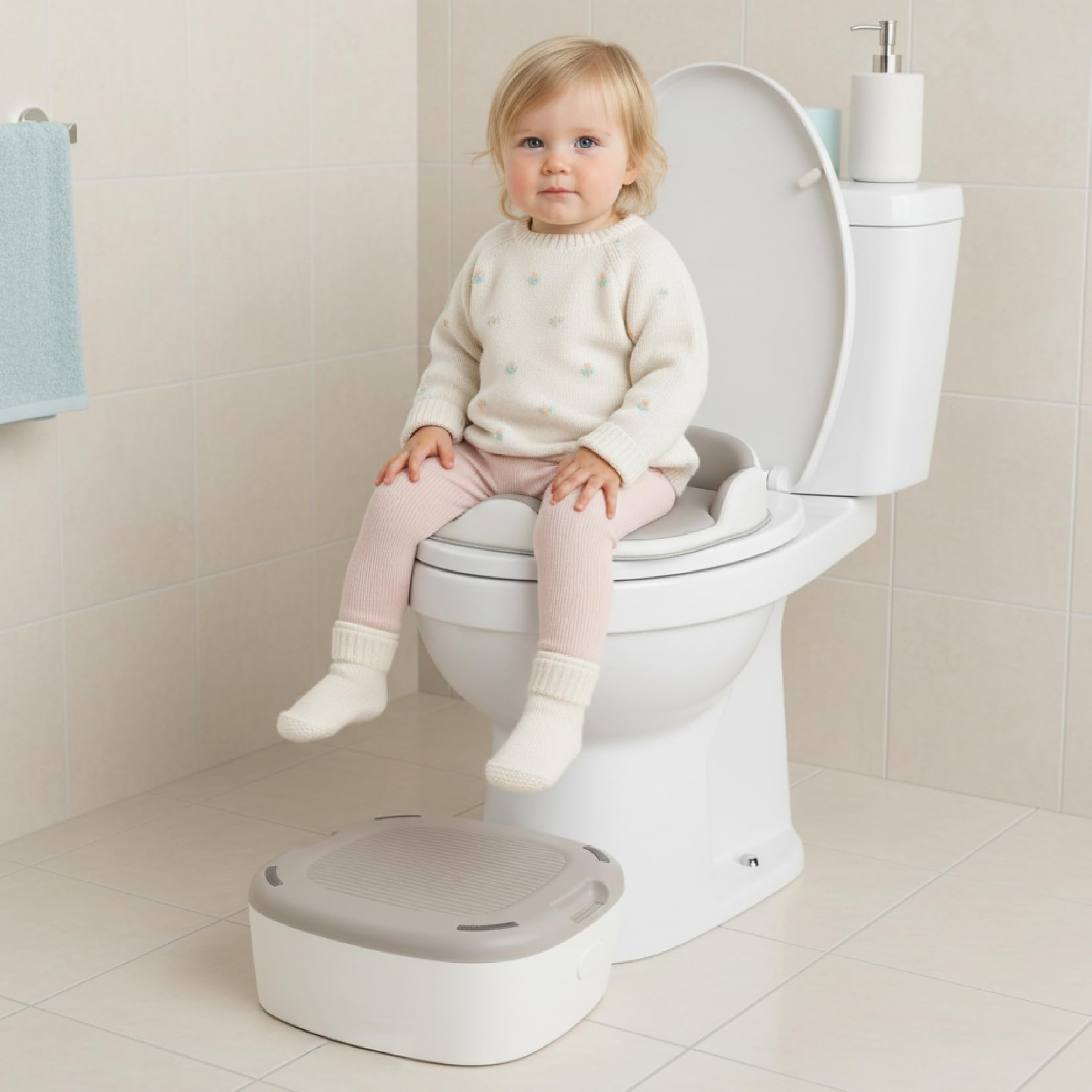 sun baby Vasino per bambini 1-6 anni - rialzo per WC, poggiapiedi - base antiscivolo, seduta morbida, schienale alto, coperchio igienico - Bianco-Grigio