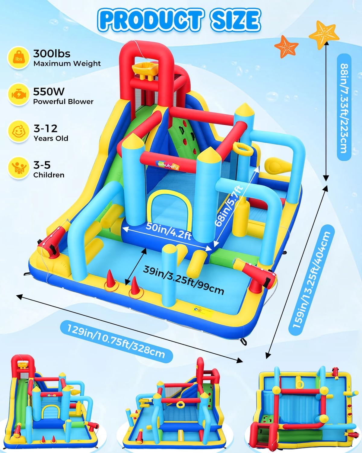Whubefy 16-in-1 Water Slide Bounce House for Kids Backyard, 13x11x7.4FT Large Inflatable Obstacle Course Water Park w/Water Bucket/Water Guns/Ring Toss/Boxing Game/Basketball Hoop/Obstacle Tunnel/Pool