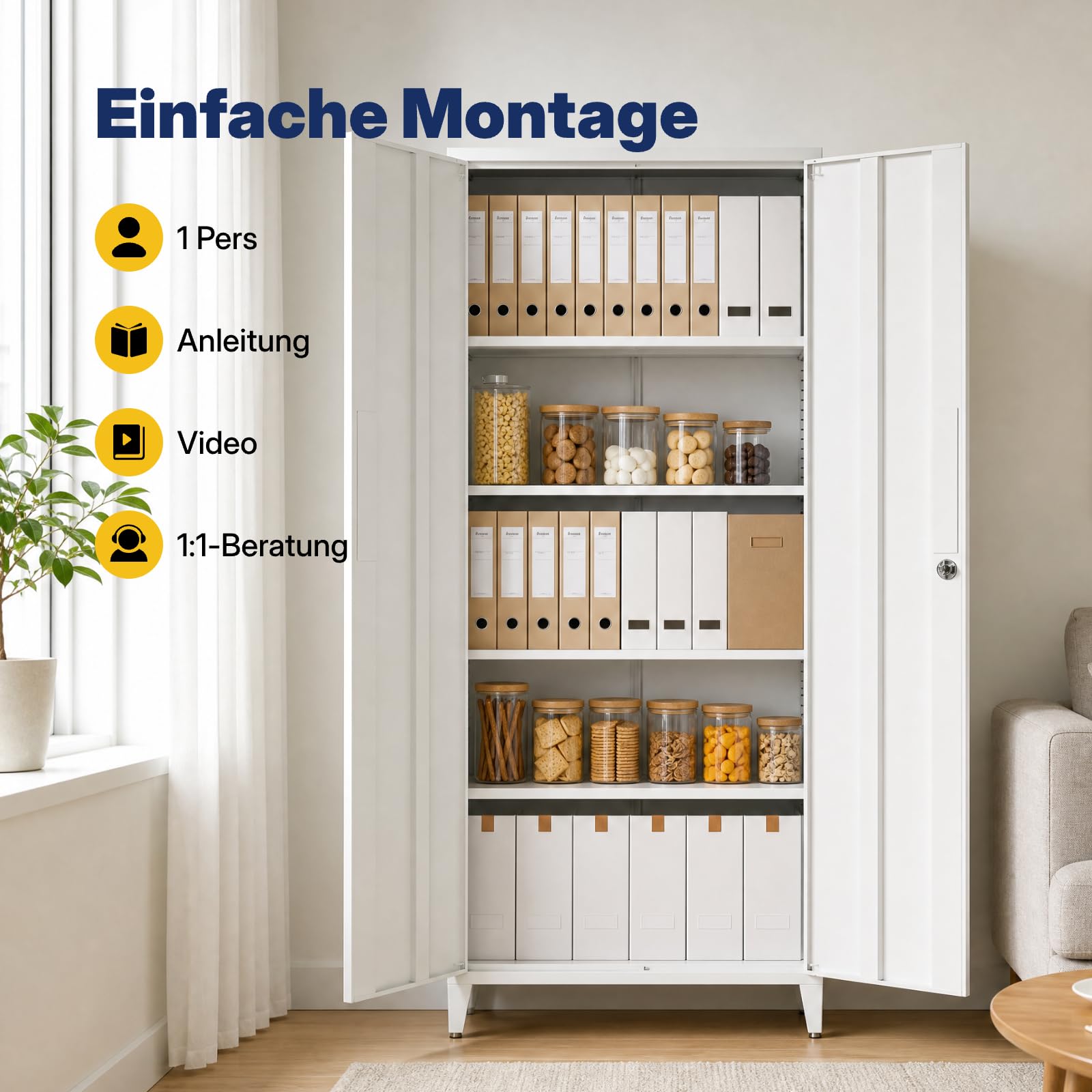 NORTHSKY Armoire de Rangement Métallique Verrouillable, Armoire à Dossiers Haute en Acier avec 2 Portes et Étagères Réglables, Armoire de Bureau/à Outils, Garage, Maison, Blanc
