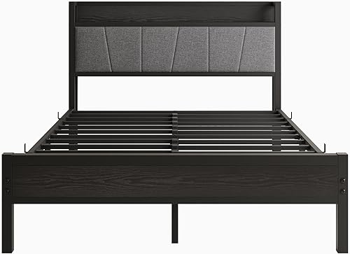 Miniatura 8 de BOFENG Base de cama de tamaño matrimonial negro con cabecera de almacenamiento, plataforma tapizada de metal, marco de cama doble tamaño matrimonial