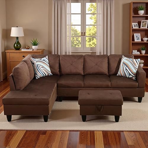 Vista 25 de Sofá modular de cuero en forma de L de 3 piezas – Sofá modular convertible con diván móvil y otomana de almacenamiento, uso multiescenario para sala