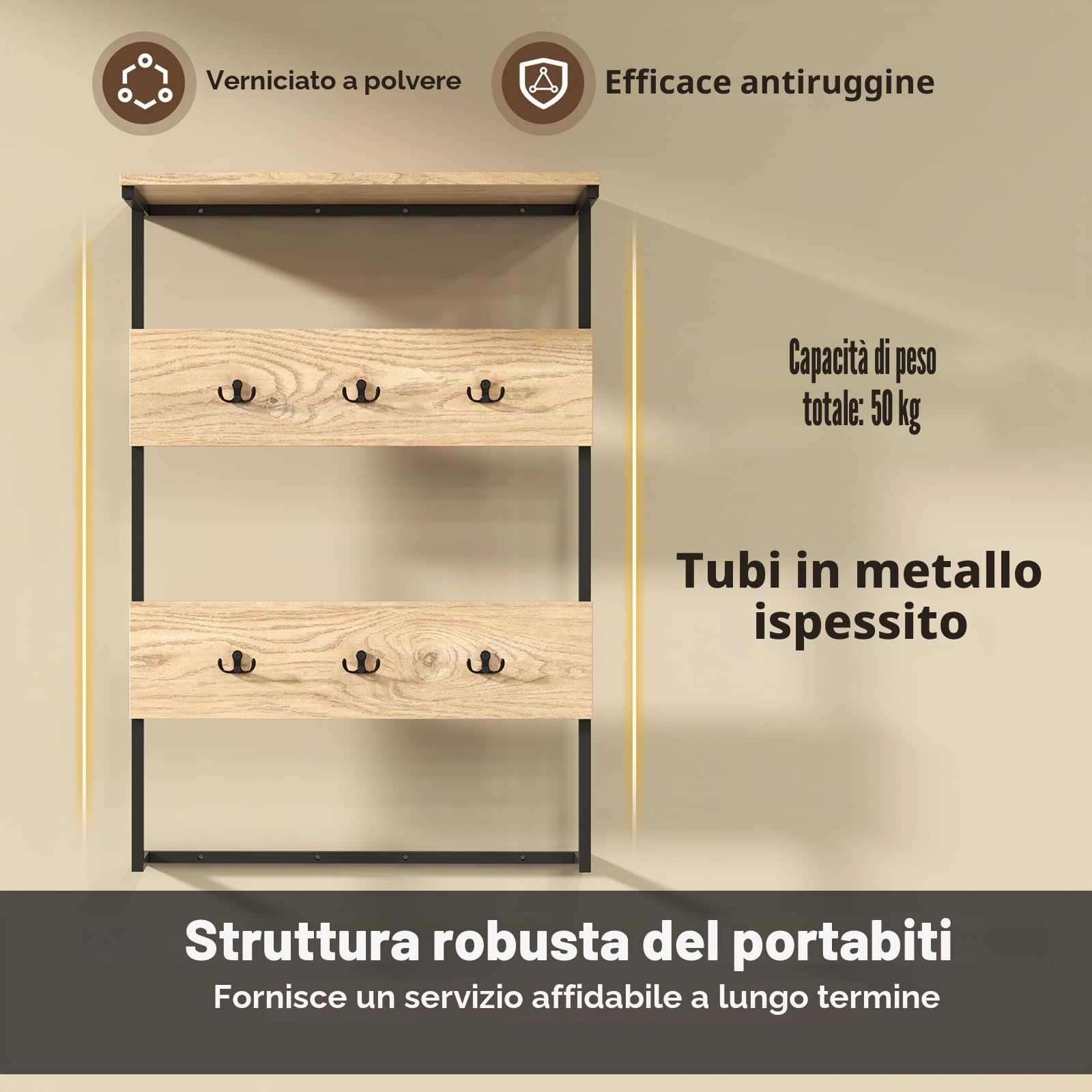 HOMASIS Appendiabiti da Parete Con Mensola in Metallo, 6 Ganci e Ripiano di Presentazione, Poco Ingombrante per Ingresso, Camera da Letto, S