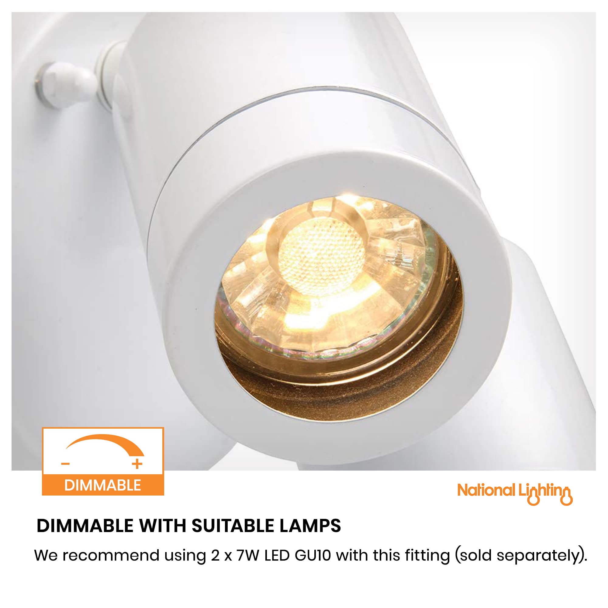 National Lighting IP44 Faretto da esterno doppio, in acciaio bianco lucido, inclinabile regolabile, luci esterne alimentate a rete, 2 x 7 W 240 V LED GU10 (non incluse)