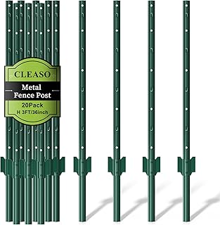 20 Pack Metal Fence Posts, 3ft Heavy Duty U-Post, Green Garden Stakes, No-Dig Post Anchors for Wire Fences, Temporary Fencing, Electric Fence, and Corner Support