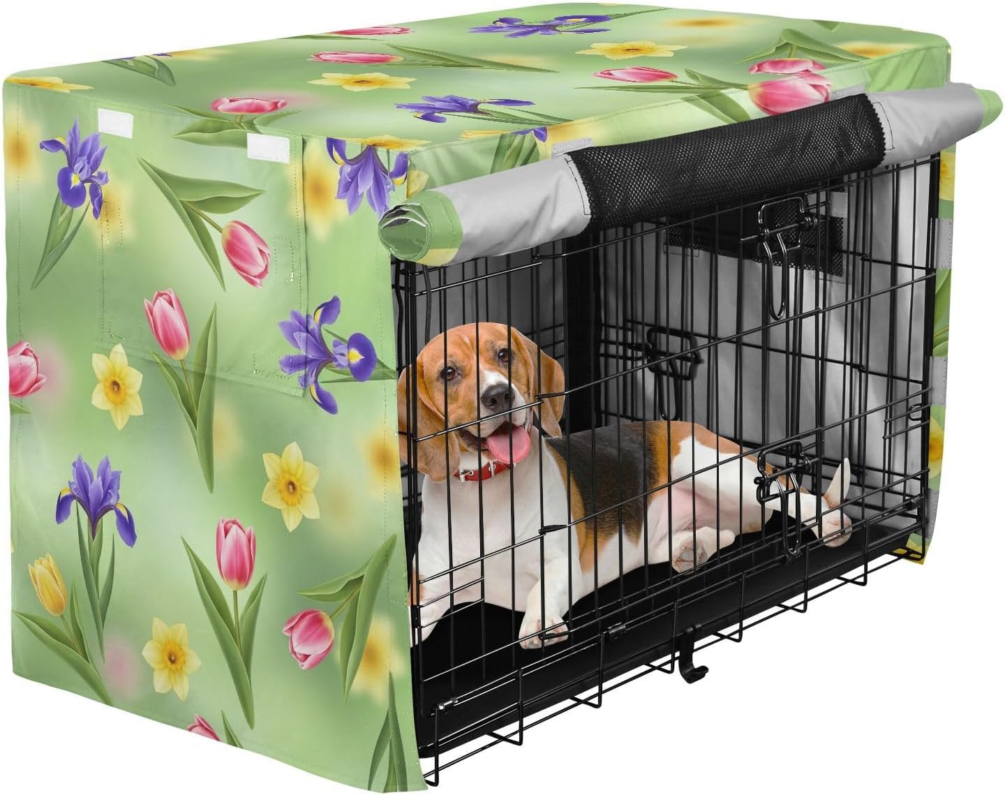Spring Flowers Green Dog Crate Covers S-XL UV-Resistant Pet Cage Cover with Mesh Windows, Reduces Barking, X-Large