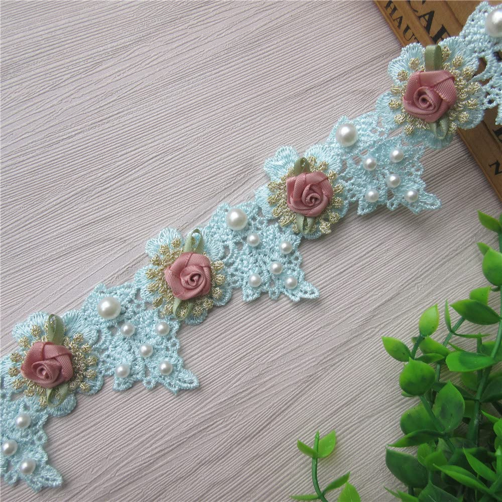 2 Yards Vintage Style Pearl Rose Flowers Embroidered Lace Trim Fabric Floral Appliques Lace Ribbon Bridal Ornaments Handmade DIY Sewing Supplies Craft for Costume Hat Decoration 1.96" Wide (Blue)