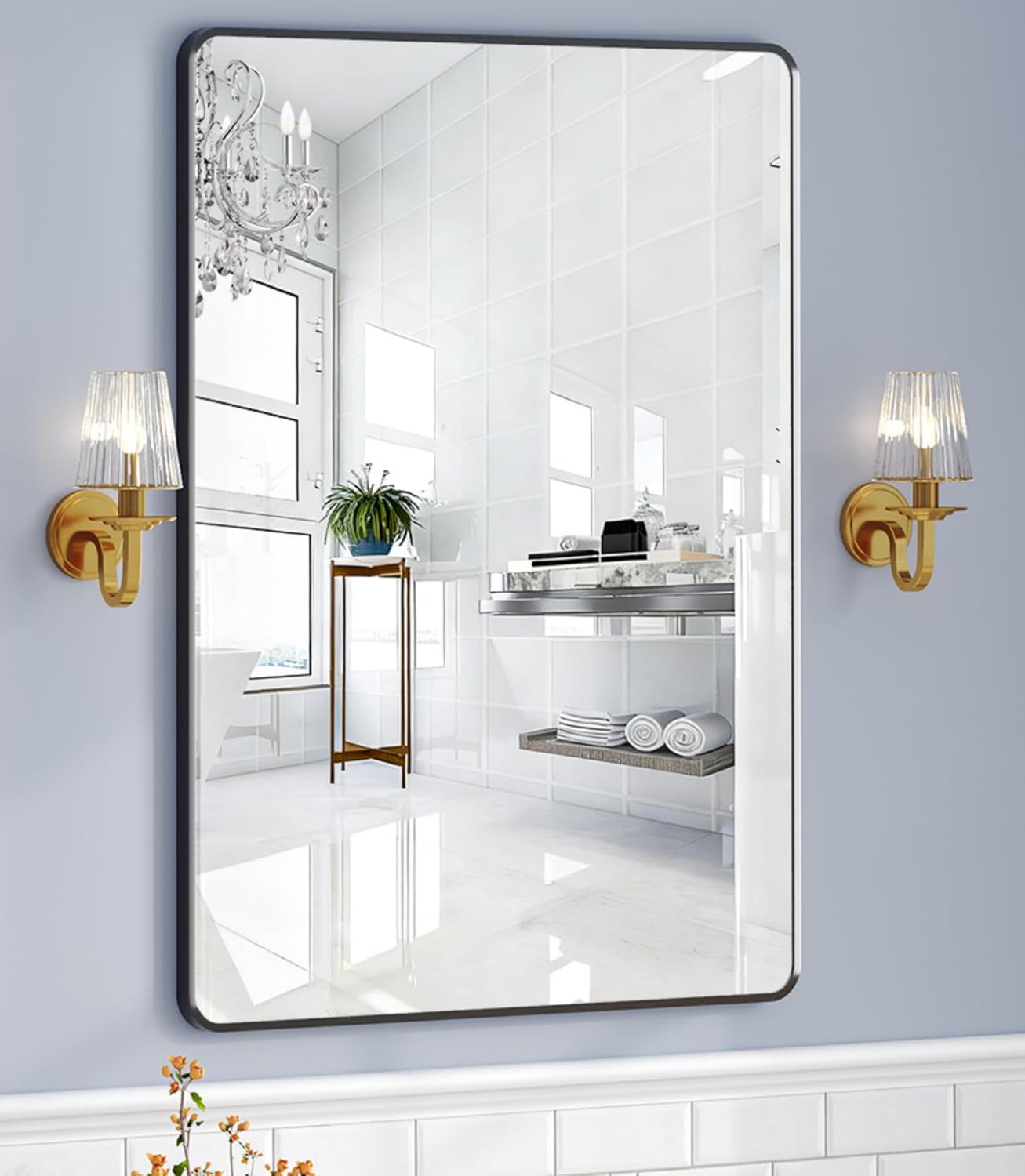 30x40 Bathroom Vanity Mirror Over Sink, Black Rectangular Aluminum Frame with Rounded Corner(Small-Radius), HD Shatterproof Glass & Rust-Proof Wall Mirror for Bedroom, Living Room, Entryway
