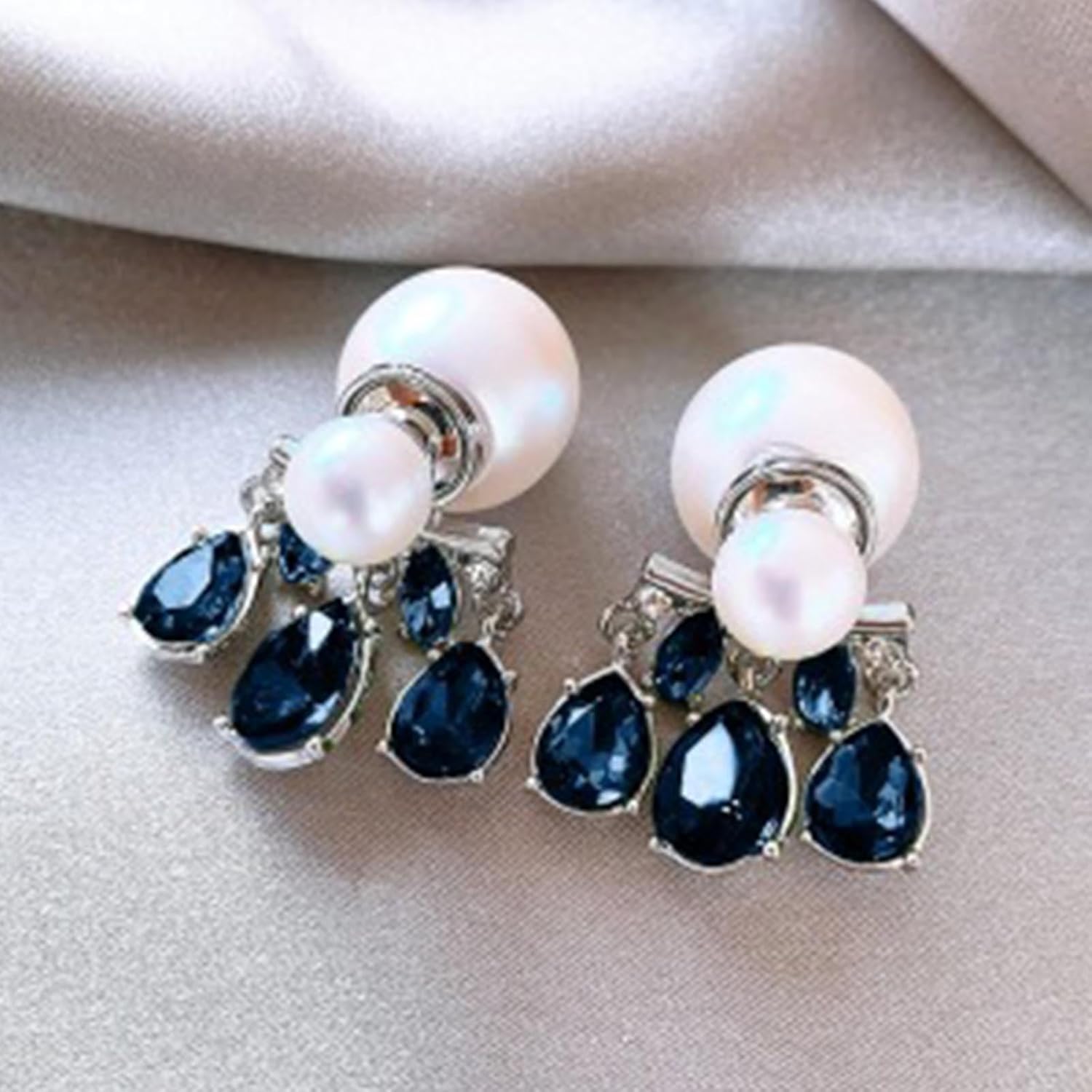 W WEILIRIAN Boho Pearl Ear Jacket Earrings Sapphire Crystal Dangle Earrings Pearl Stud Earrings Pearl Bead Earrings Two Ways Front Back Earrings Jewelry for Women - Image 6