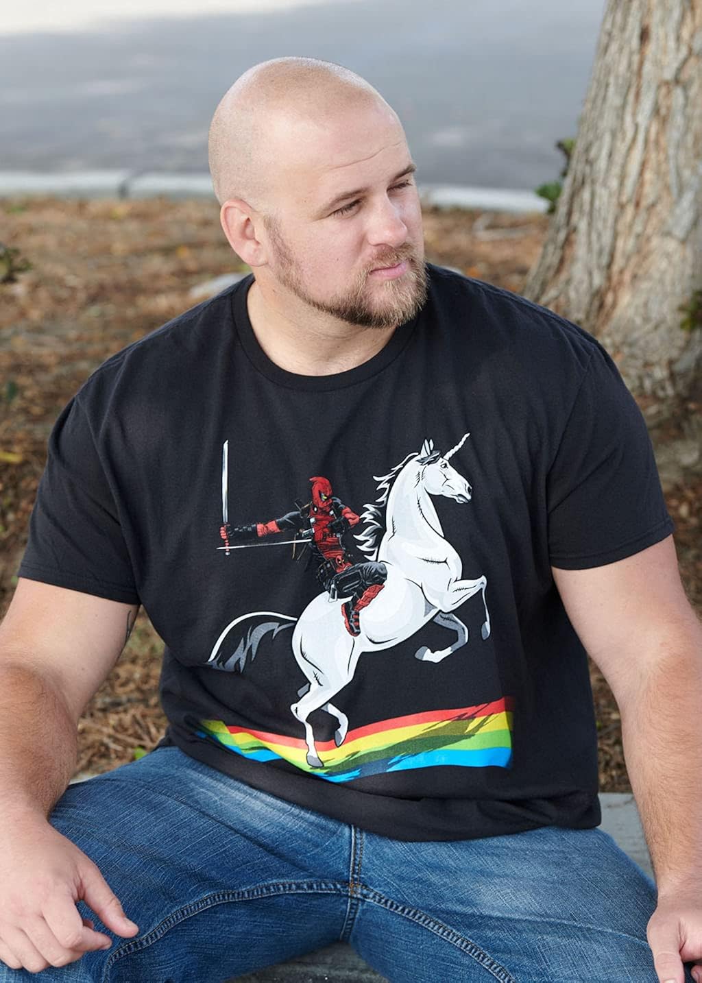 Marvel Deadpool Riding A Unicorn On A Rainbow T-Shirt : Clothing, Shoes & Jewelry