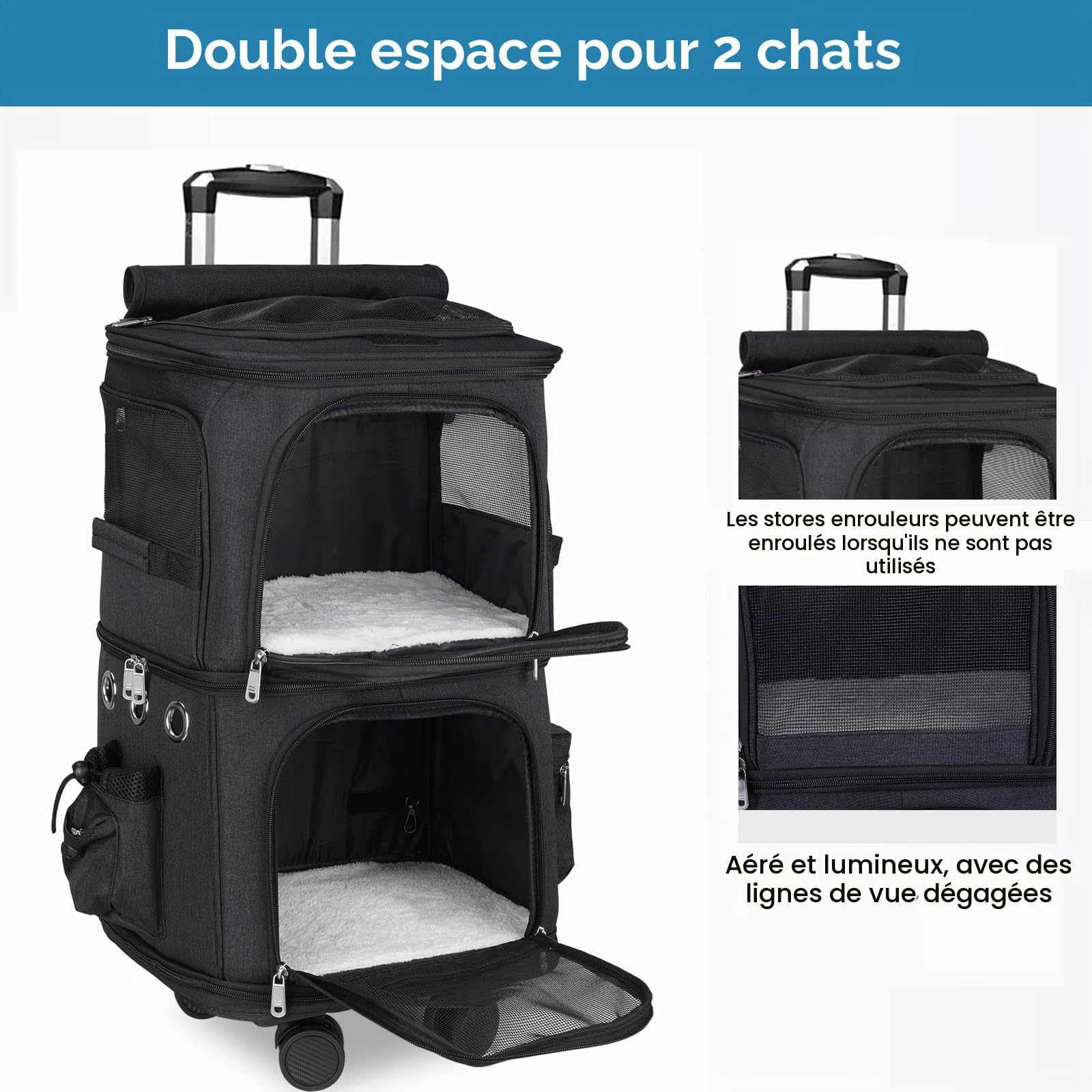 Sac à Dos Double 2 en 1 pour Petits Chats et Chiens Sac à Dos de Transport à Double Compartiment a roulettes Sac Transport Chat pour Les Voyages,Randonnée,Camping, Grande Taille (Noir)