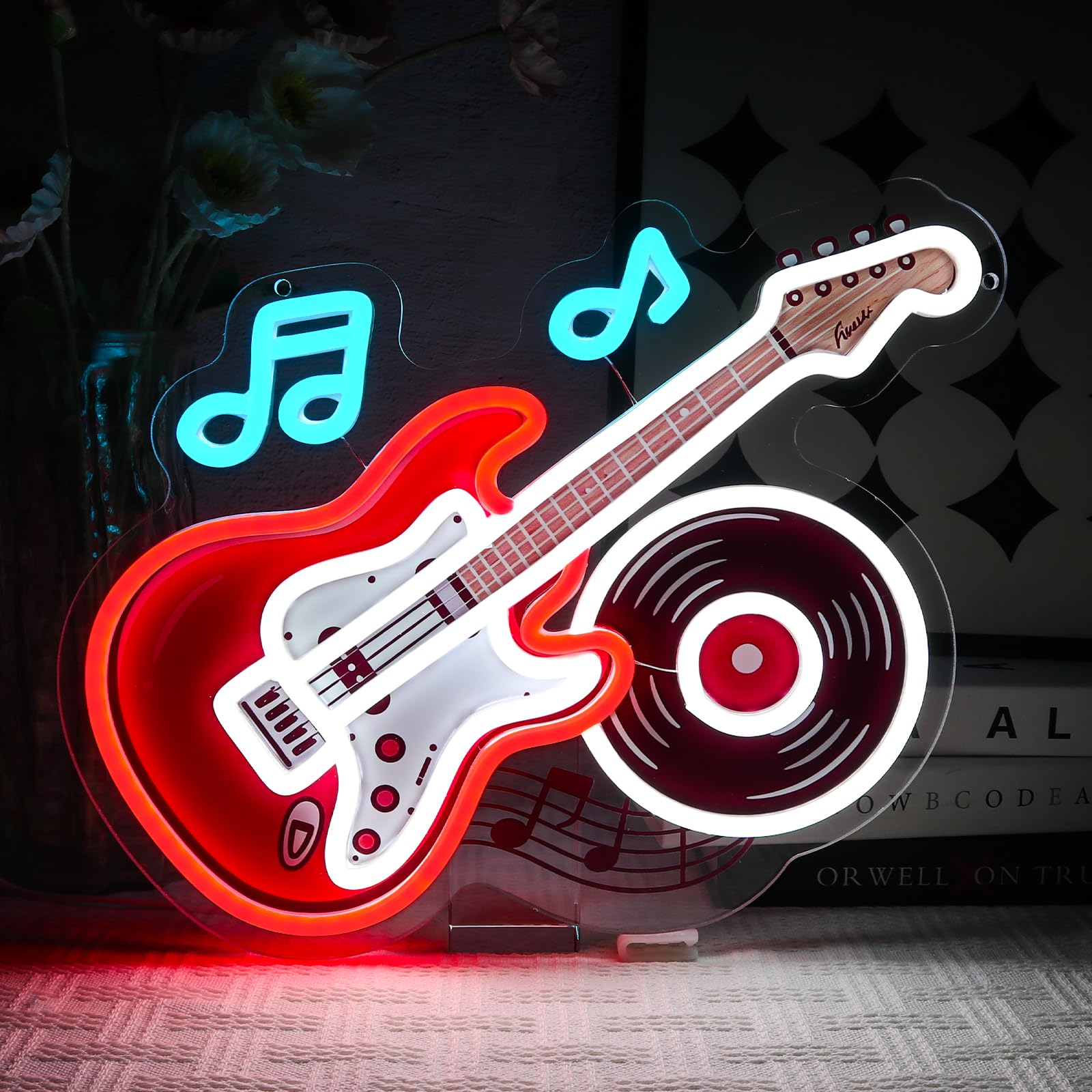 OYCGZV Bass Guitar Neon Sign for Wall Decor, Live Music Neon Light Dimmable USB Vinyl Record Led Sign for Music Studio Bar Bedroom Recording Room Party Home Club Garage Decorations