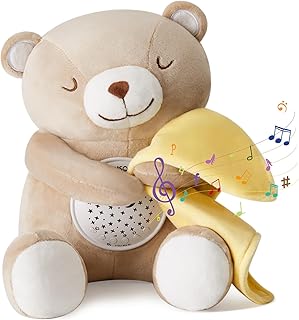 APUNOL Einschlafhilfe Babys Musik und Licht, Babys Nachtlicht Projektor Wiederaufladbar kinder Babyparty Geschenk Mädchen und Junge Spielzeug Teddy mit Weißes Rauschen, Weinen Erkennungs Sensor