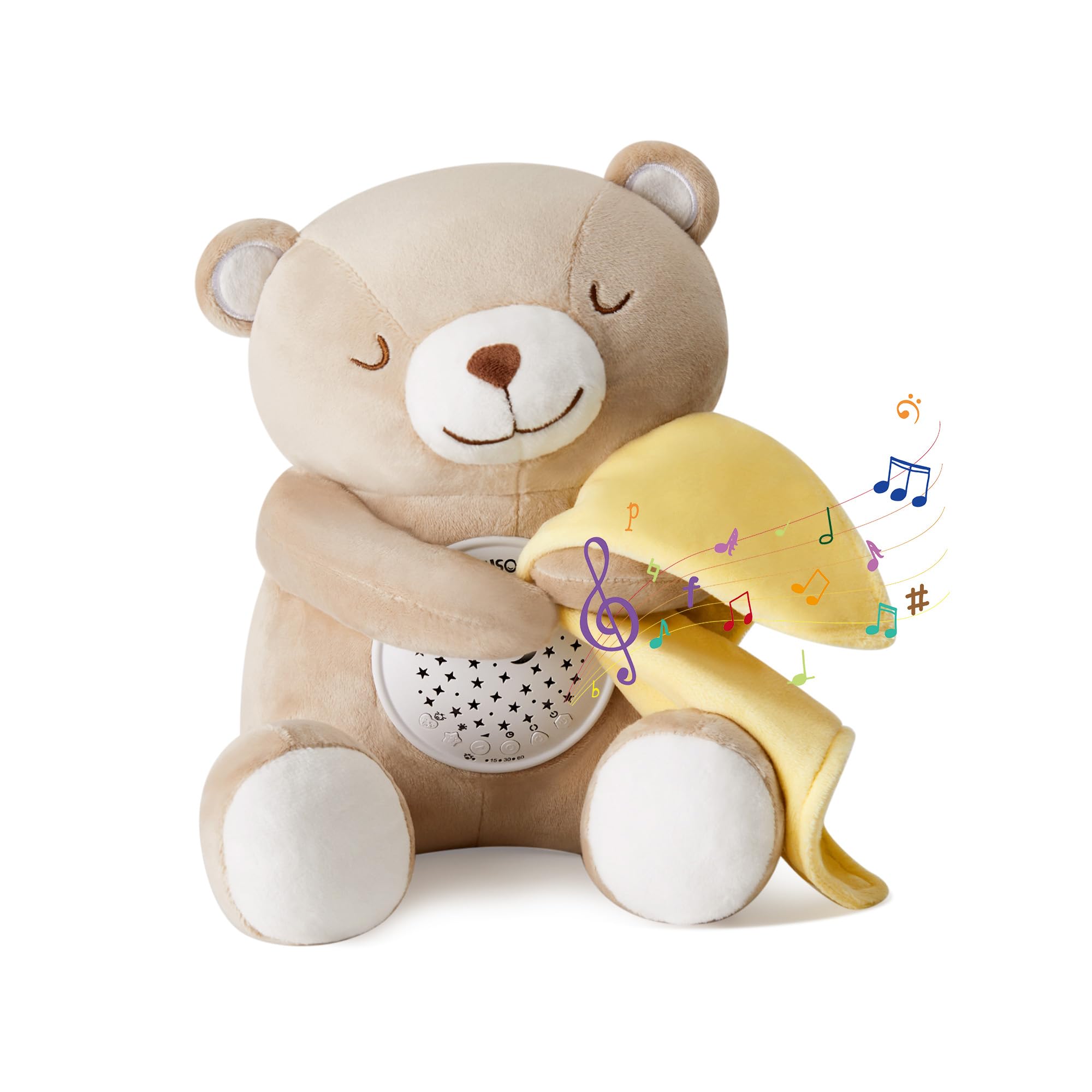APUNOL Carillon Neonati, Peluche per Nanna, Luce Notturna Bambini Ricaricabile USB Regalo Neonate Giocattolo Teddy con Sensore di Pianto, Proiettore Stele e Rumori Bianchi