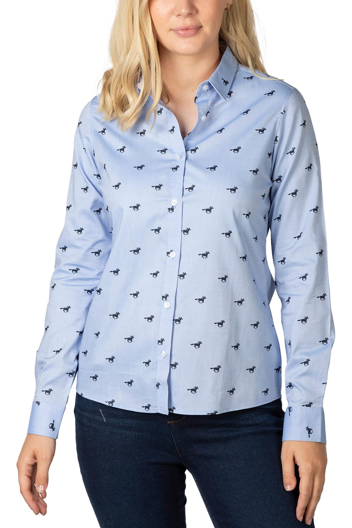Rydale Ladies Oxford Cotton Printed Shirt Womens Button Shirts Blouse Animal Print (as8, Numeric, Numeric_22, Regular, Regular, Blue Horse)