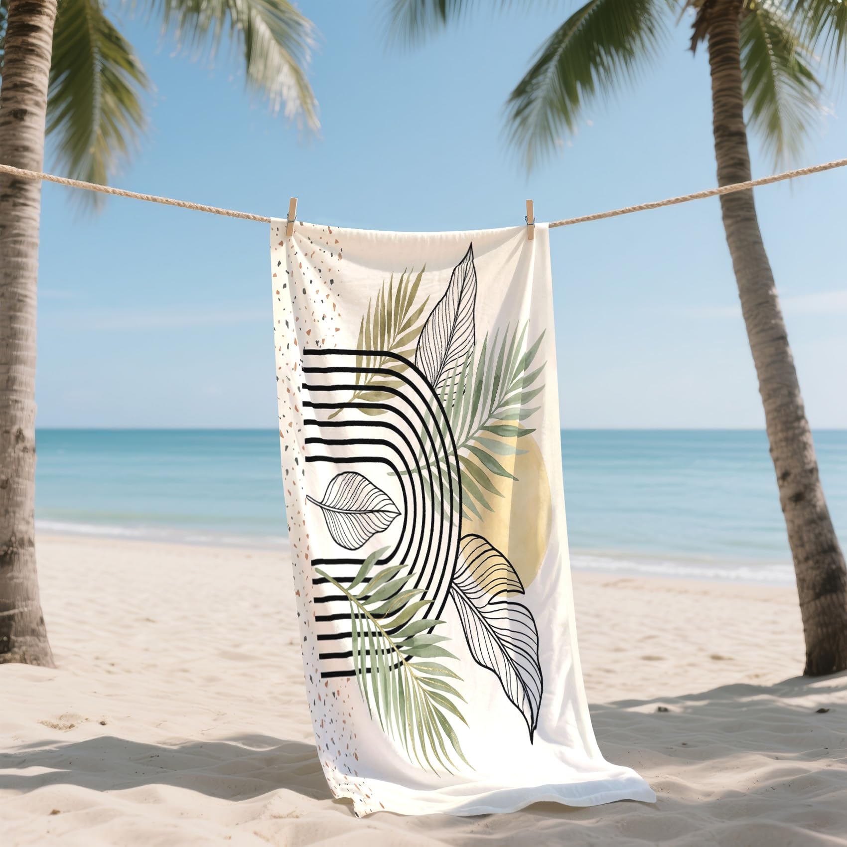 Serviette de Plage XXL Microfibre Feuilles De Palmier Boho Moderne, Drap de Plage Séchage Rapide Anti Sable & Légère, Serviette de Bain Grande Taille 100x200 cm, Accessoire & Cadeau été