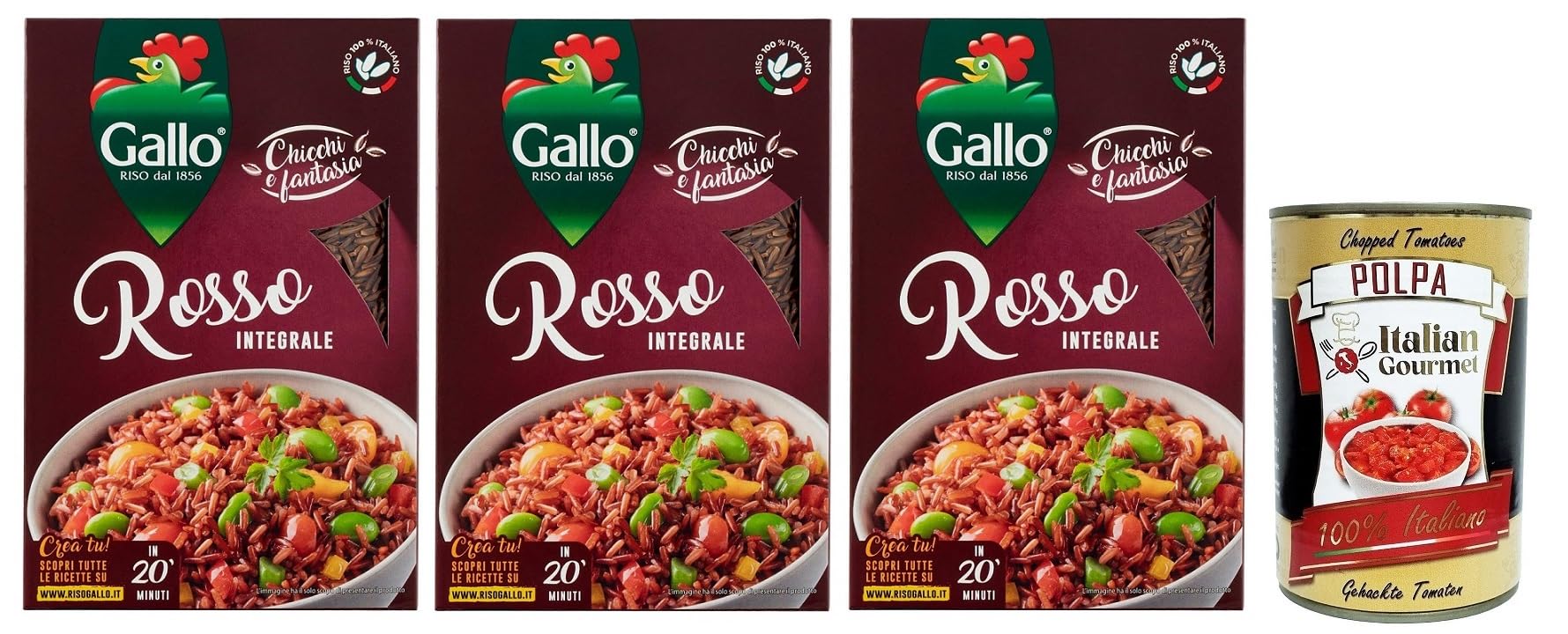 3 x Riso Gallo Riso Rosso Integrale, Whole Grain Red Rice, 100% Italian Rice, Ideal as a Side Dish or for Making Salads, 500 g Pack + Italian Gourmet Polpa di Pomodoro 400 g Tin