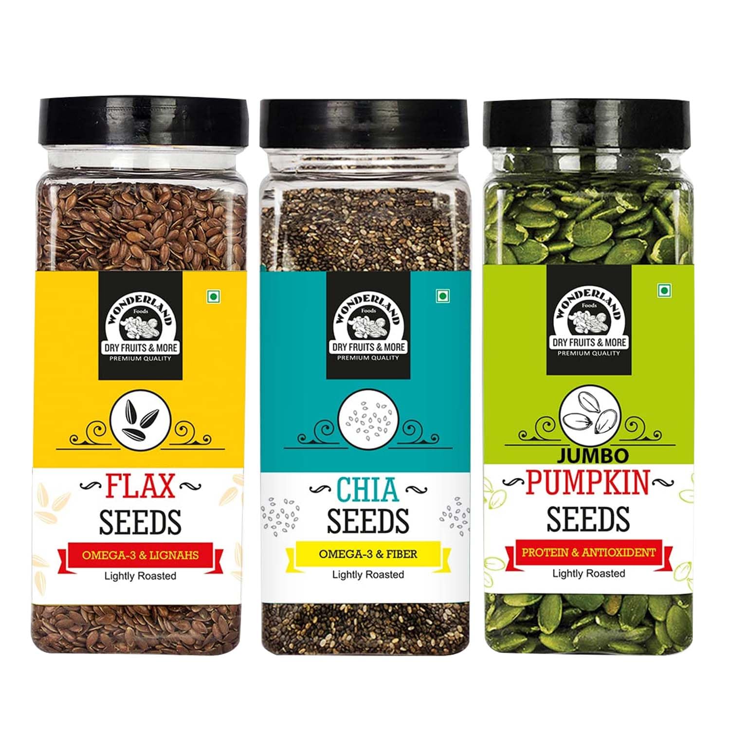 WONDERLAND FOODS Healthy & Roasted Chia, Flax & Pumpkin Seeds 600g Jar Combo Pack (200g X 3) (B07KP5LNWT) Amazon Price History, Amazon Price Tracker