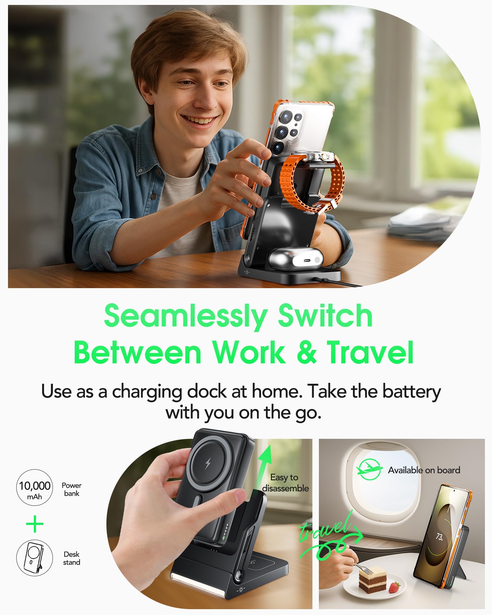 Estación de carga plegable para Samsung, cargador inalámbrico magnético 5 en 1 de 10000 mAh, soporte de noche portátil desmontable compatible con Galaxy S25 Edge/Z Fold/Flip 7/S25/S24/S23, Galaxy