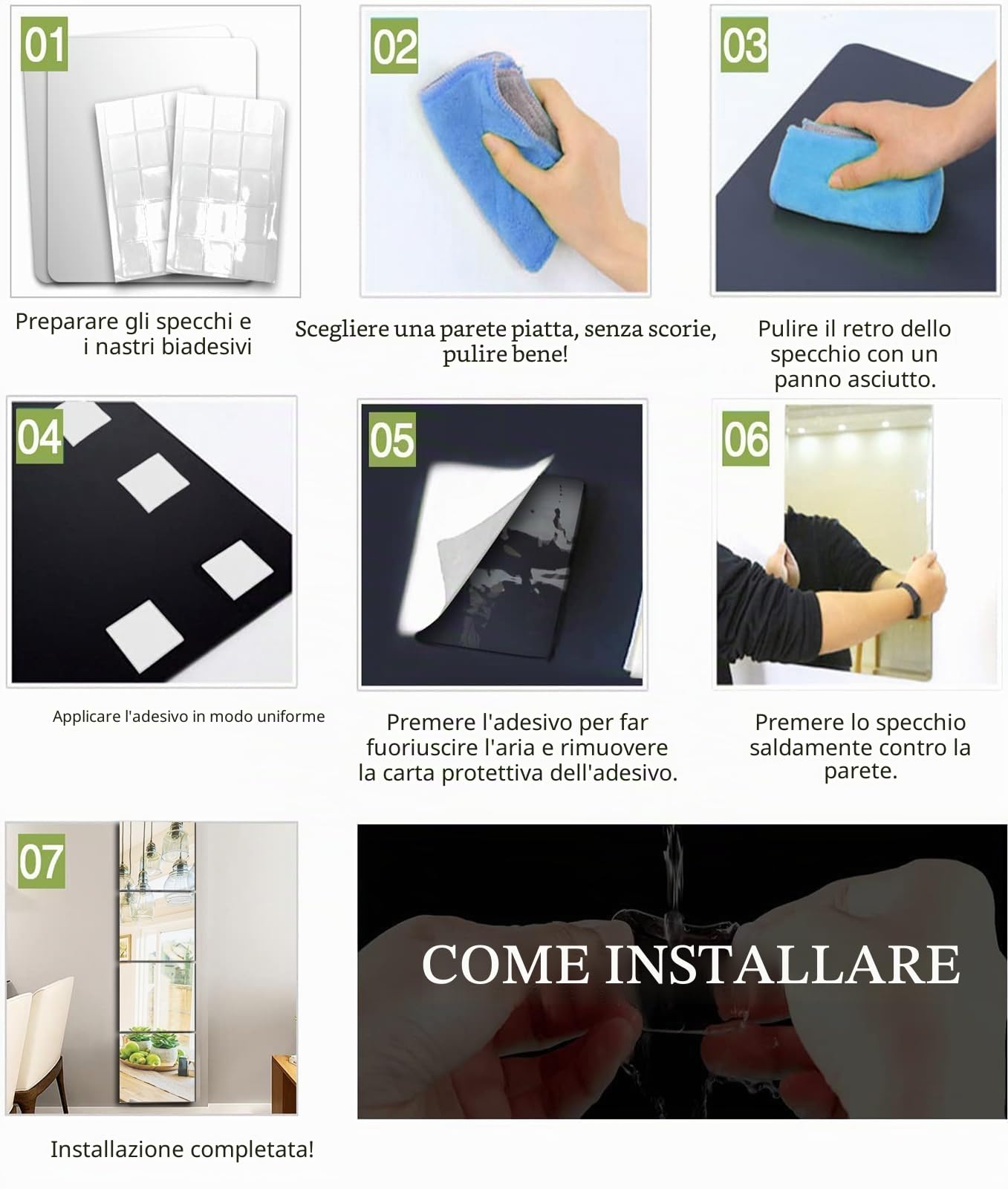4 Pezzi Specchio Adesivo da Parete 30cm x 30cm, Vetro Specchi Adesivi da Parete Grande Rettangolare Lungo Specchio per Armadio, Bango, Porta, Amera da Letto (30 x 30cm)