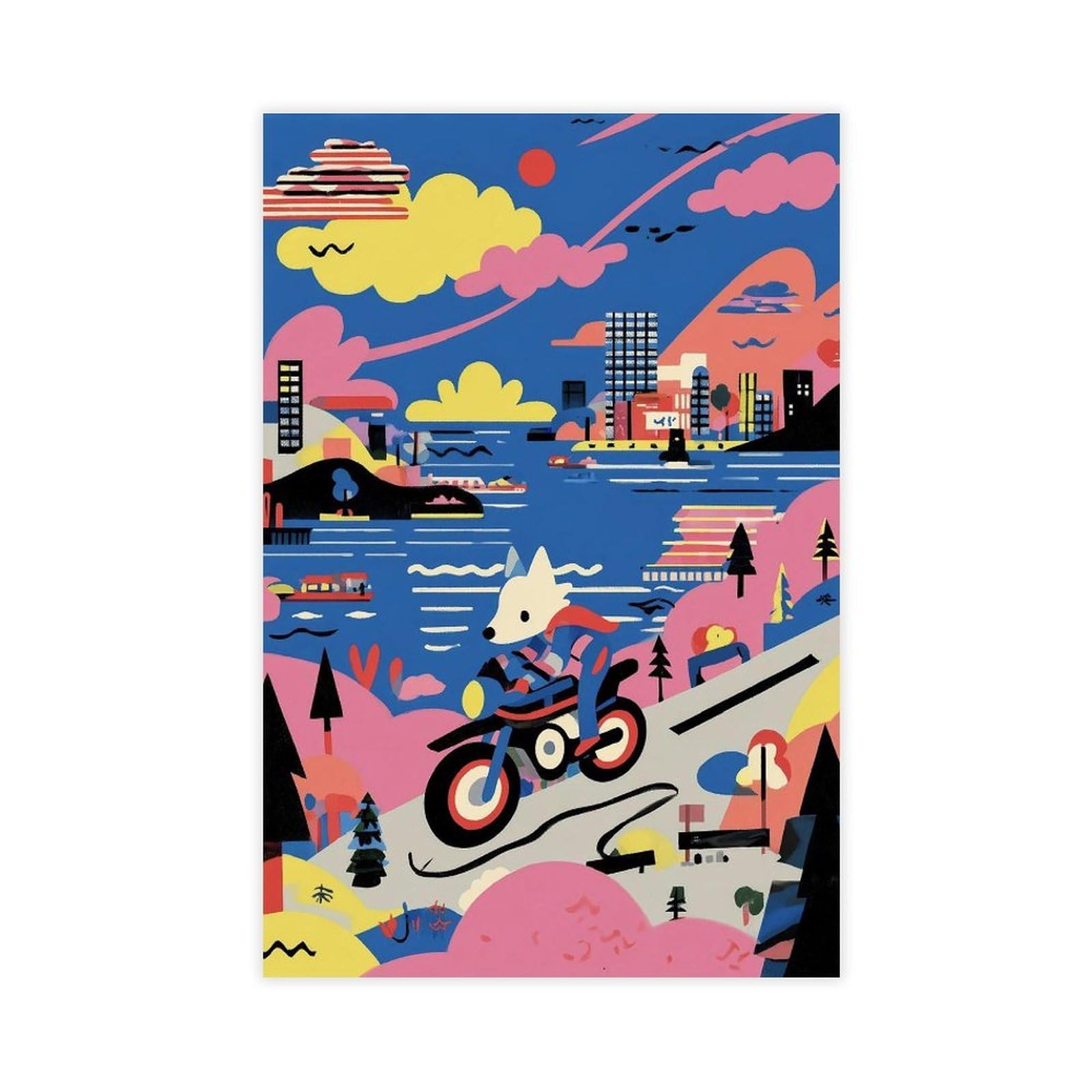 Ywtjax Unframe-Style Cartoon Wolf On Scooter Poster Canvas Poster For Bedroom Decor Gift