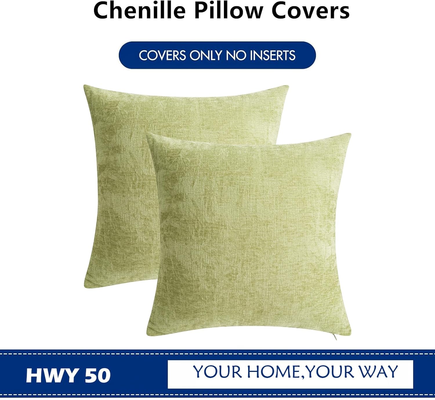 HWY 50 Spring Sage Green Throw Pillow Covers 22x22 Inch Pack of 2, Soft Chenille Decorative Cushion Cases for Couch Sofa Bed Living Room